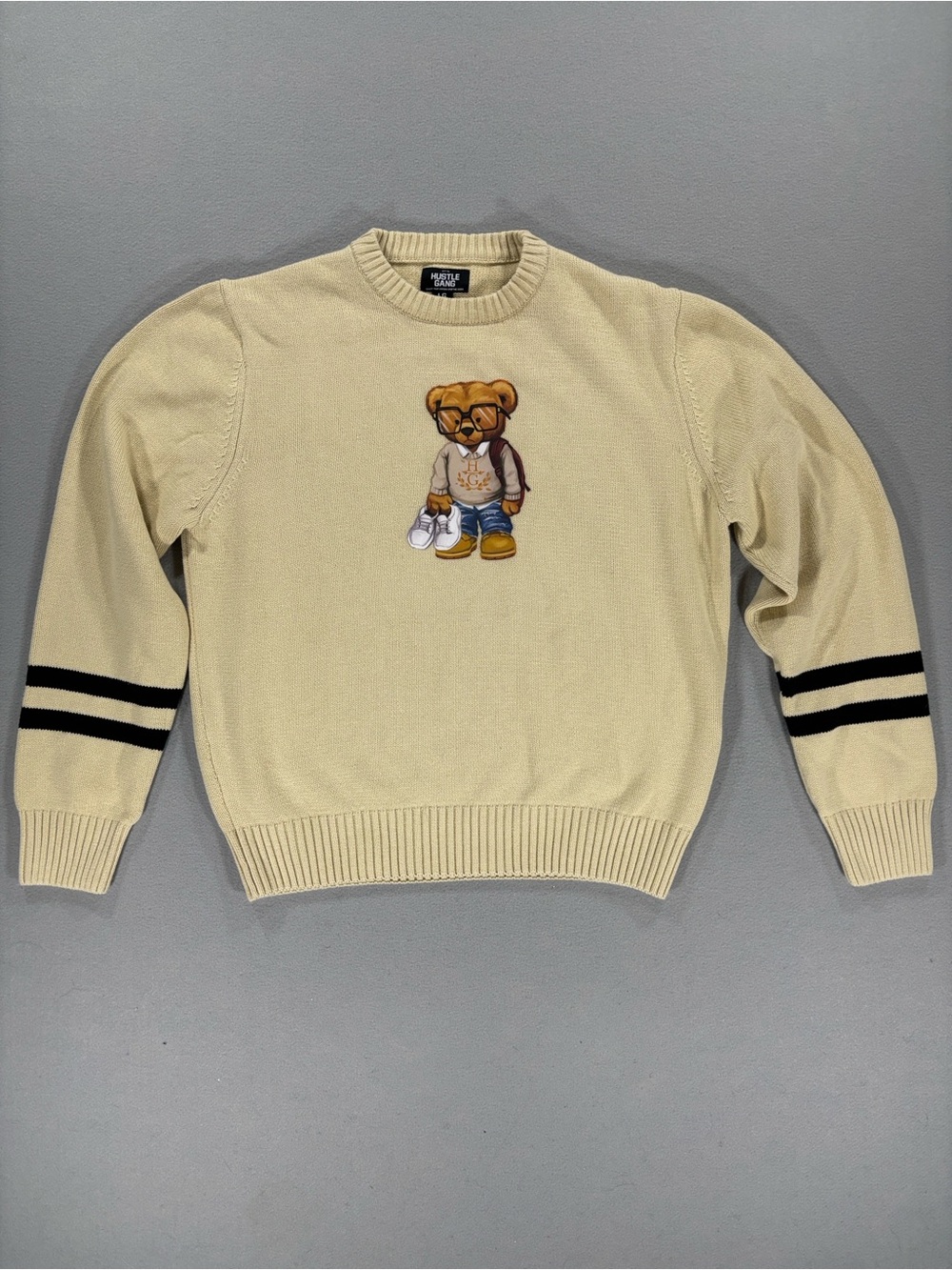 Hustle Gang Men's cotton Cream Bear Graphic Crewneck Sweater L polo style